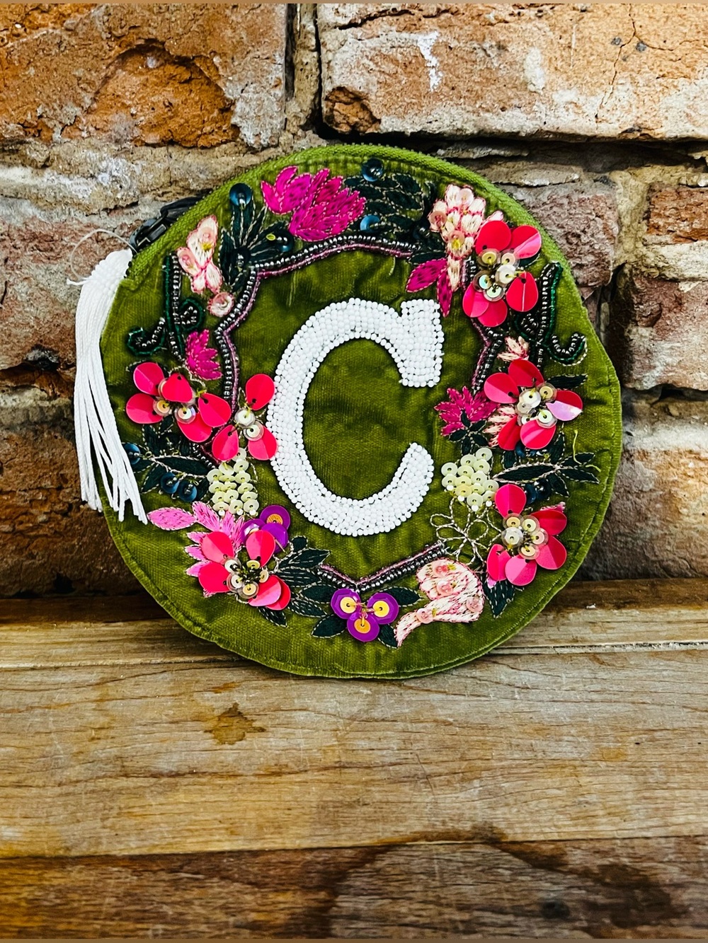 Embroidered Olive Velvet Round Clutch with Beaded 'C'